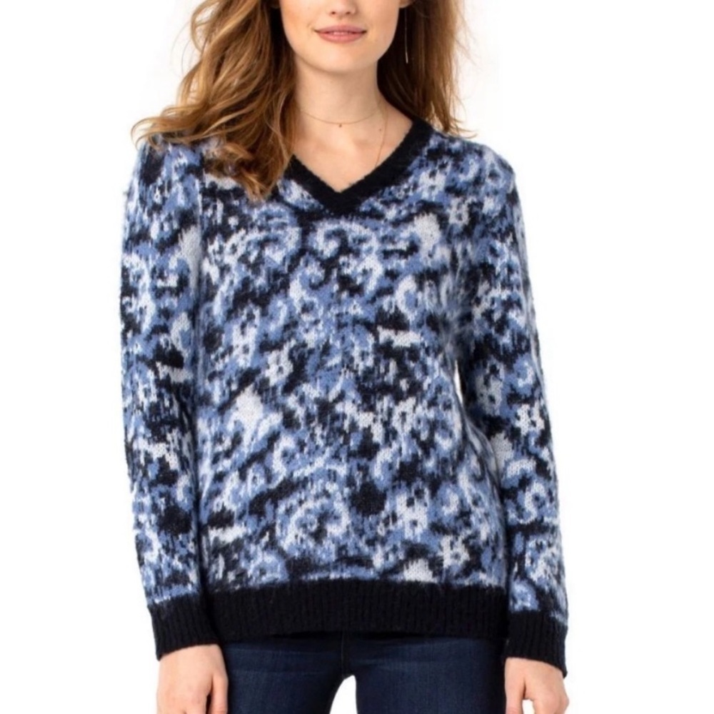 NWT Liverpool V-Neck Fuzzy Abstract Printed Pullover Sweater